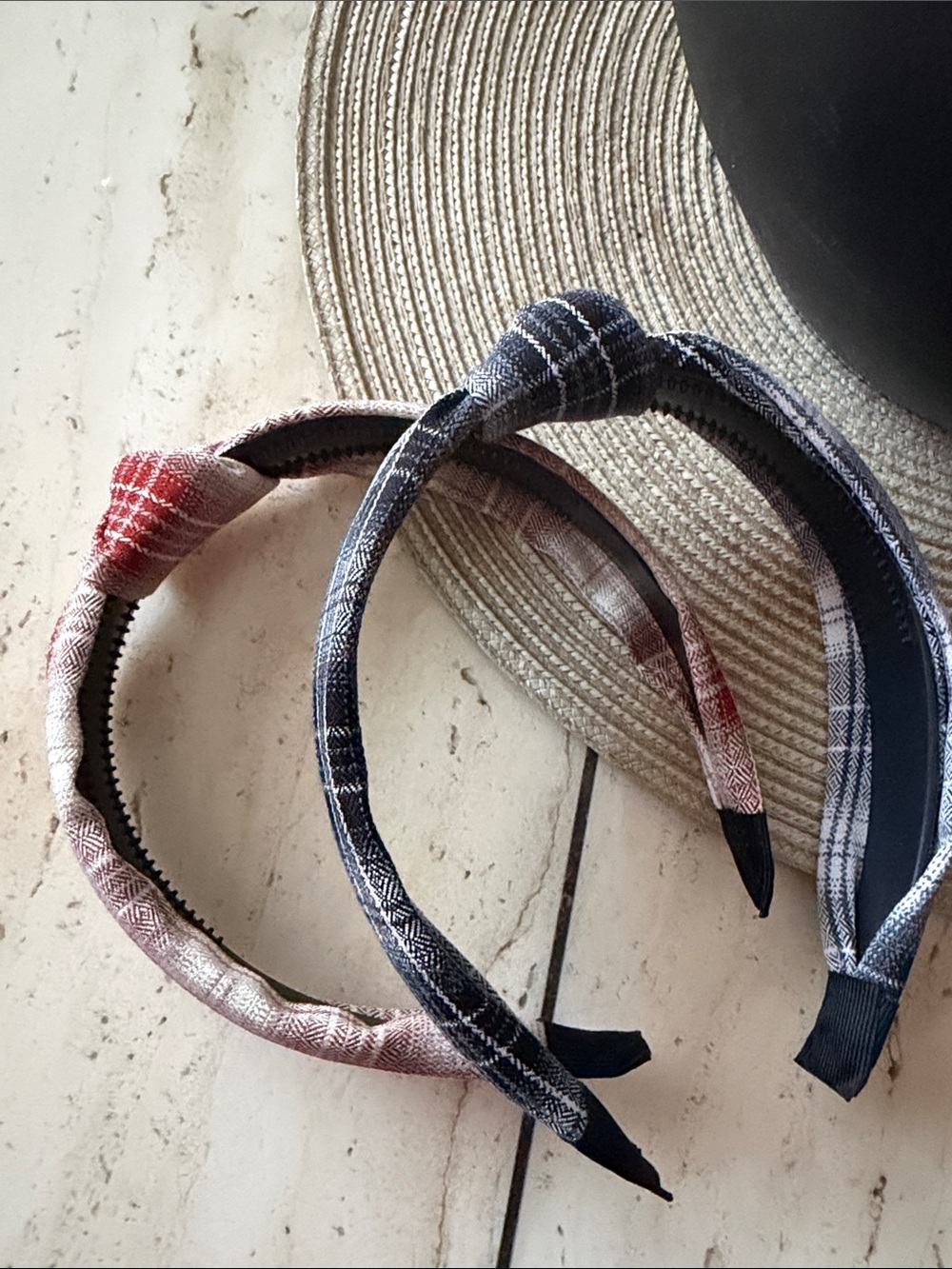 Unbranded Kids Knot Headband Set - Red Plaid & Black Plaid Fabric w/Plastic Base